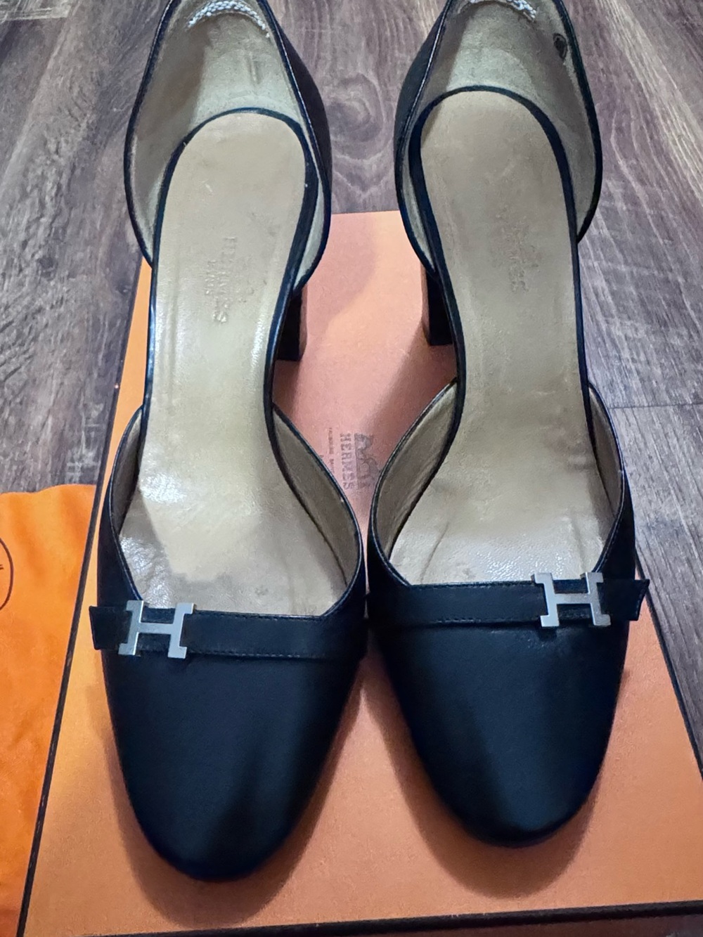 Hermes Black D'Orsay Pumps with Silver H Accent